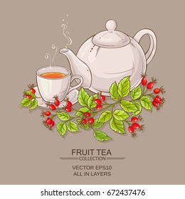 mug of wild rose hips tea and teapot on color background