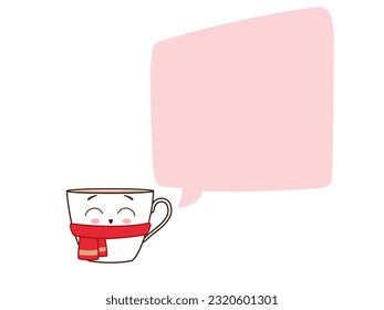 A mug with a winter scarf. Happy kawaii character with a speech bubble. Vector illustration