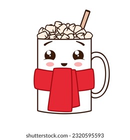 A mug with a winter scarf and marshmallow. Happy kawaii character. Vector illustration