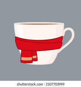 A mug with a winter scarf. Vector illustration isolated on white background.