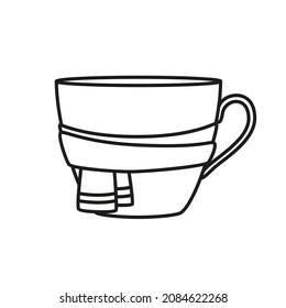 A mug with a winter scarf. Vector linear illustration isolated on white background.