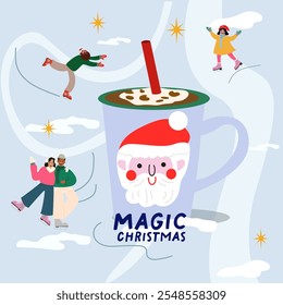 Mug for Xmas, New year or winter holidays. Advertisement of a winter coffee drink. Hot cup of cocoa. Design for Christmas and New Year greeting card. Cartoon flat people. Winter sports, skating