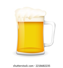 Mug with yellow beer and foam template. Realistic cold intoxicating drink for relaxation and friendly meetings in vector pubs