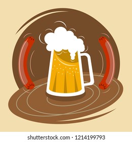 Mug of yellow beer with foam and two sausages. Vector illustration in flat style for the menu of restaurants, banners, posters and logos