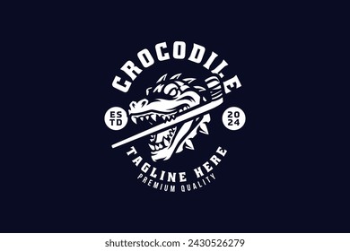 mugger crocodile with hockey stick badge logo design for hockey sport and gaming