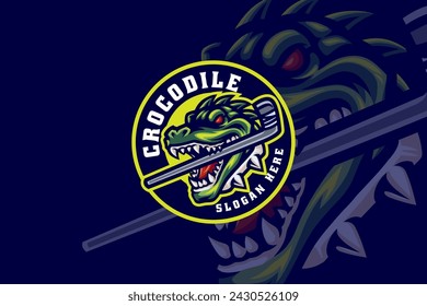 mugger crocodile with hockey stick mascot logo design for hockey sport and gaming