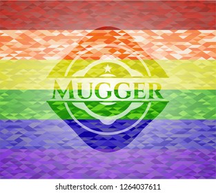 Mugger emblem on mosaic background with the colors of the LGBT flag