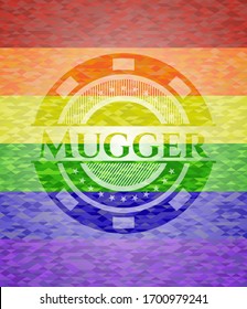 emblema del atracador sobre fondo de mosaico con los colores de la bandera LGBT