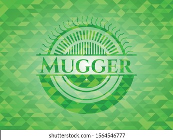 Mugger realistic green emblem. Mosaic background. Vector Illustration. Detailed.