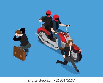 a mugging or robbery scene where two masked individuals on a red motorcycle are pursuing a running woman 3d isometric illustration
