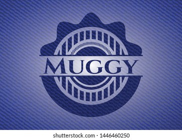 Muggy badge with denim background. Vector Illustration. Detailed.