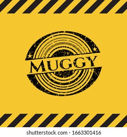 Muggy black grunge emblem inside yellow warning sign. Vector Illustration. Detailed.