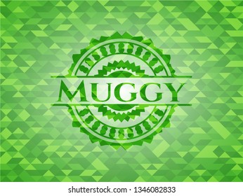 Muggy green emblem. Mosaic background