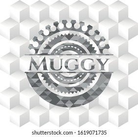 Muggy grey emblem with geometric cube white background
