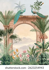 Mughal Arch with garden Illustration, Peacock, Elements,Of,The,Architecture,Of,Buildings,,Ancient,Arches,And,Columns,