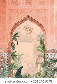 Ilustración del jardín de Mughal Arch Mughal, Fondo de pantalla de Boda, monograma de Boda, mural de Boda.