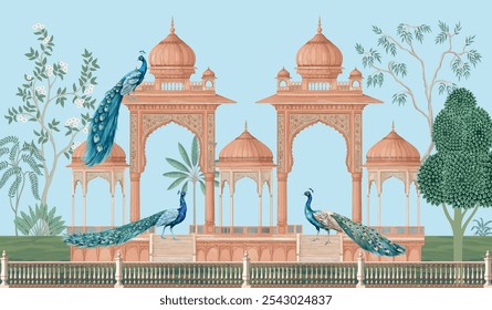 Arco de Mughal e paisagem do jardim, Arco de Mughal e papel de parede de pavão.