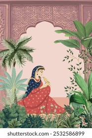 Mughal Arch with Mughal Garden, Peacock perched on a classical frame with flower vase Illustration artwork.