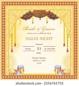 Mughal arch Indian haldi night invitation card. Holud invitation card with decorative parasol and drum.