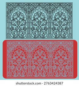 Mughal Arch Jaali CNC Plasma and Laser Cut Vector with Floral Vine Pattern and Scalloped Arches, Thick Outline Decorative Metal Screen Design, Wood Router Ready  Template


