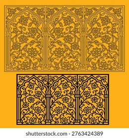 Mughal Arch Jaali CNC Plasma and Laser Cut Vector with Floral Vine Pattern and Scalloped Arches, Thick Outline Decorative Metal Screen Design, Wood Router Ready  Template


