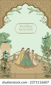 Mughal Arch Wedding Invitation Design. Women are dancing on wedding ceremony vector illustration.