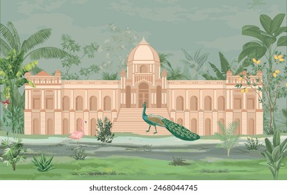 Mughal architect forest garden with peacock, bird. Tropical jungle garden wallpaper design illustration.