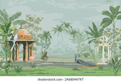 Mughal architect forest garden with peacock, bird. Tropical jungle garden wallpaper design illustration.