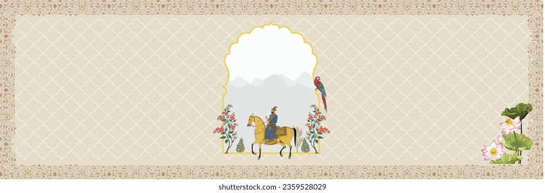 Mughal Art- Mughal background, Mughal emperor with flowers and plants. Banner backdrop invite