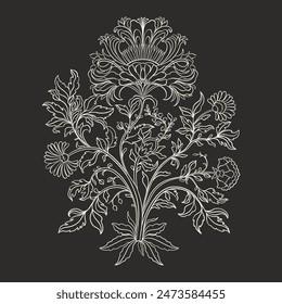 Mughal Art is a circuit traditional bunch flower of floral ornaments. A monochrome motif on isolated element. Fantasy traditional bouquet. Vector illustration design.