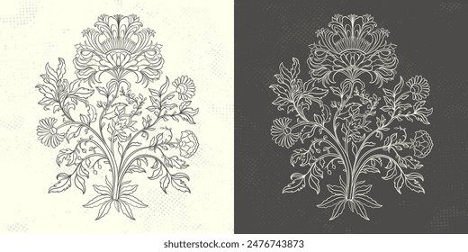 Mughal Art is a circuit traditional bunch flower of floral ornaments. A monochrome motif on isolated element. Fantasy traditional bouquet. Vector illustration design.