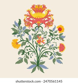 Mughal Art is a traditional bunch flower of floral ornaments. A multi-color motif on a light background, isolated element. Fantasy traditional bouquet. Vector illustration design.