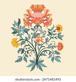 Mughal Art is a traditional bunch flower of floral ornaments. A multi-color motif on a light background, isolated element. Fantasy traditional bouquet. Vector illustration design.