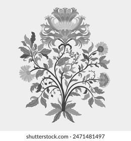 Mughal Art is a traditional bunch flower of floral ornaments. A monochrome motif on a light background, isolated element. Fantasy traditional bouquet. Vector illustration design.