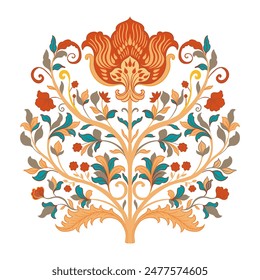 Mughal Art is a traditional bunch flower of floral ornaments. A multi-color motif on a light background, isolated element. Fantasy traditional bouquet. Vector illustration design.