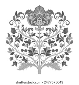 Mughal Art is a traditional bunch flower of floral ornaments. A monochrome motif on a light background, isolated element. Fantasy traditional bouquet. Vector illustration design.