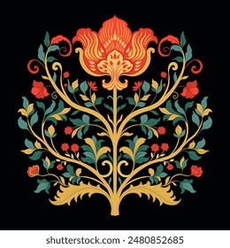 Mughal Art is a traditional bunch flower of floral ornaments. A multi-color motif on a black background, isolated element. Fantasy traditional bouquet. Vector illustration design.