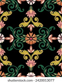 Mughal art work, Symmetrical floral decor with ornate blooming branches. Folk style. On black background. Beautiful ethnic style. Asian print.