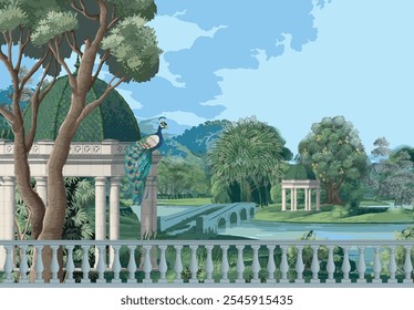 Mughal bridge in Lake with dome. Peacock, Botanical tree landscape illustration and swan in a beautiful lake.