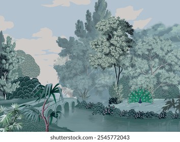 Mughal bridge in Lake is the remnant of an ancient road from the Moghul empires. Peacock, Botanical tree landscape illustration and swan in a beautiful lake.