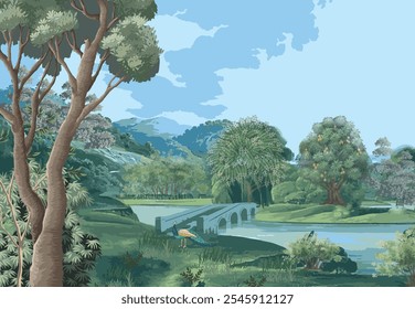 El puente de Mughal en el lago es el remanente de una antigua carretera de los imperios mogoles. Pavo real, ilustración de paisaje de árbol botánico y cisne en un hermoso lago.