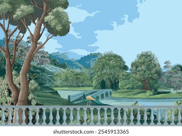 Mughal bridge in Lake is the remnant of an ancient road from the Moghul empires. Peacock, Botanical tree landscape illustration and swan in a beautiful lake.