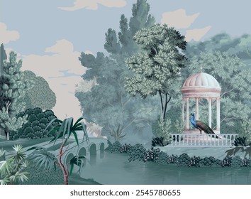 Mughal bridge in Lake, Traditional Mughal dome in garden. Peacock, Botanical tree landscape illustration and swan in a beautiful lake.