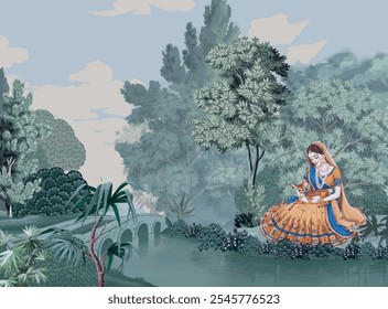 Mughal bridge in Lake, Traditional Mughal queen sitting in garden. Peacock, Botanical tree landscape illustration and swan in a beautiful lake.