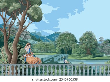 Ponte mogol no lago, rainha mogol tradicional sentada no jardim. Pavão, ilustração de paisagem de árvore botânica e cisne em um lago bonito.