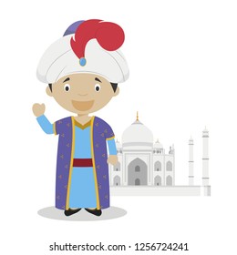 Mughal cartoon character with Taj Mahal illustration. Vector Illustration. Kids History Collection.