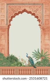 Mughal decorative arch, ethnic garden, peacock and flower illustration pattern frame