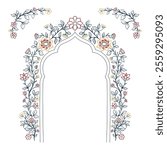 Mughal decorative arch ornamental floral. Vintage intricate traditional mughal style with flowers and foliage. Vector illustration.