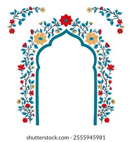 Mughal decorative arch ornamental floral. Vintage intricate traditional mughal style with flowers and foliage. Vector illustration.