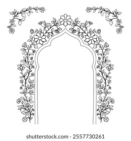 Mughal decorative arch ornamental floral. Vintage intricate traditional mughal style with flowers and foliage. Vector illustration.